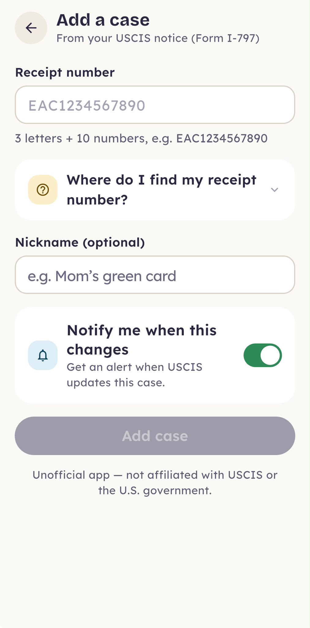 Add a case screen