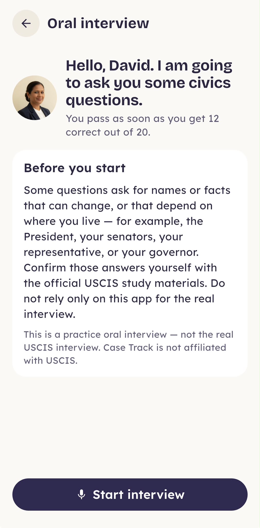 Oral interview practice screen